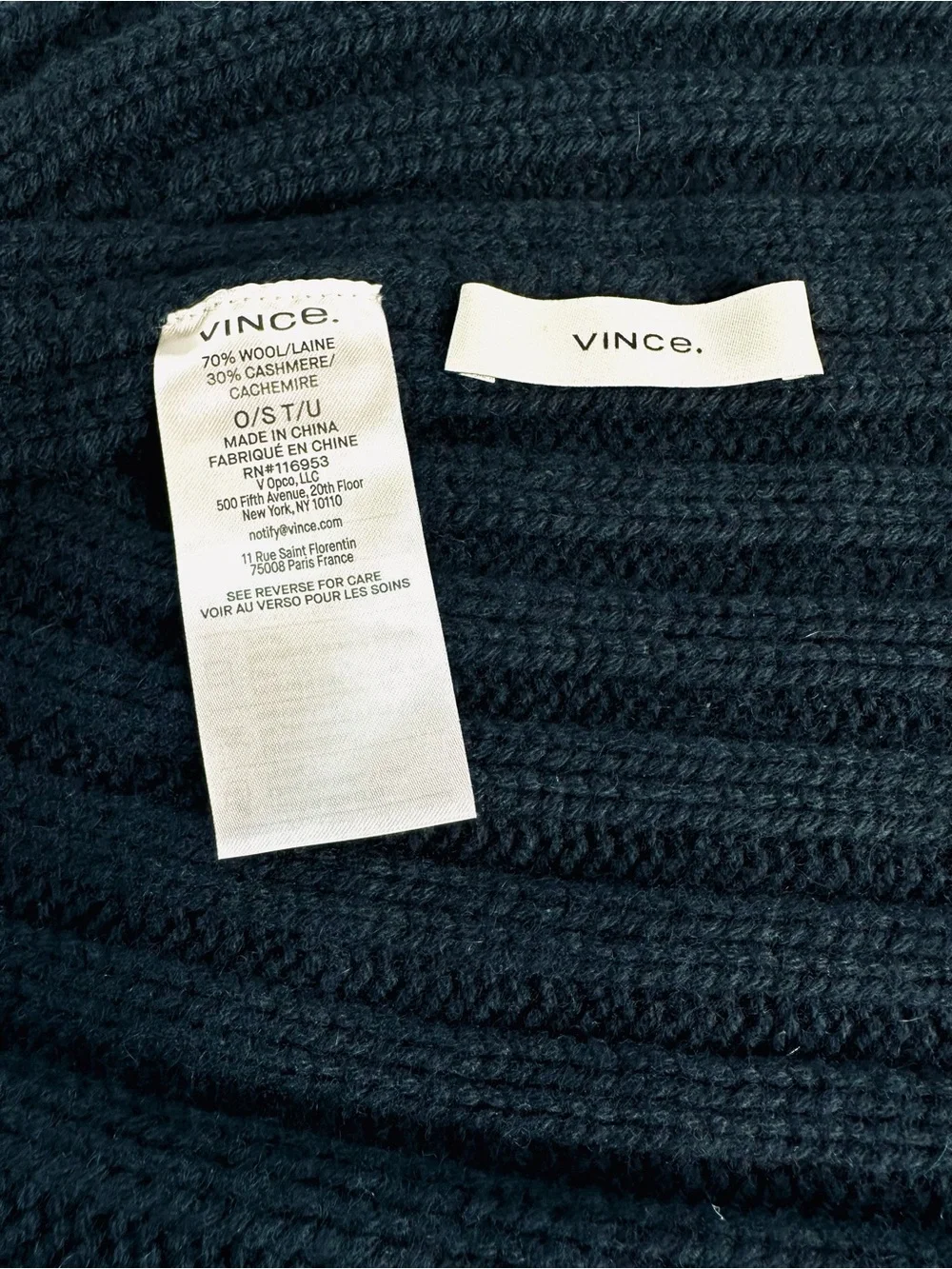 Vince Navy Blue Ribbed Knit Beanie Hat Merino Wool Cashmere Blend Unisex OS New!
